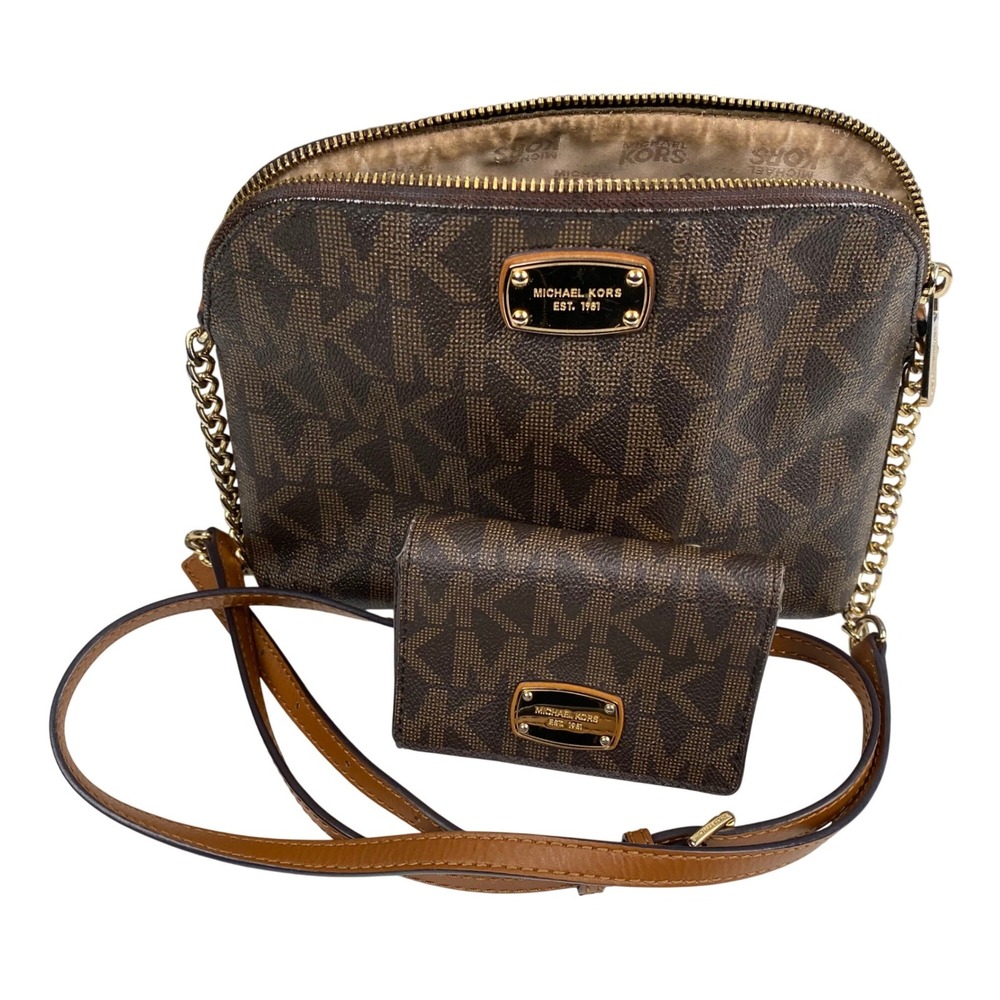 Michael Kors Brown Monogram Dome Crossbody Bag and Trifold Wallet Set Gold Tone